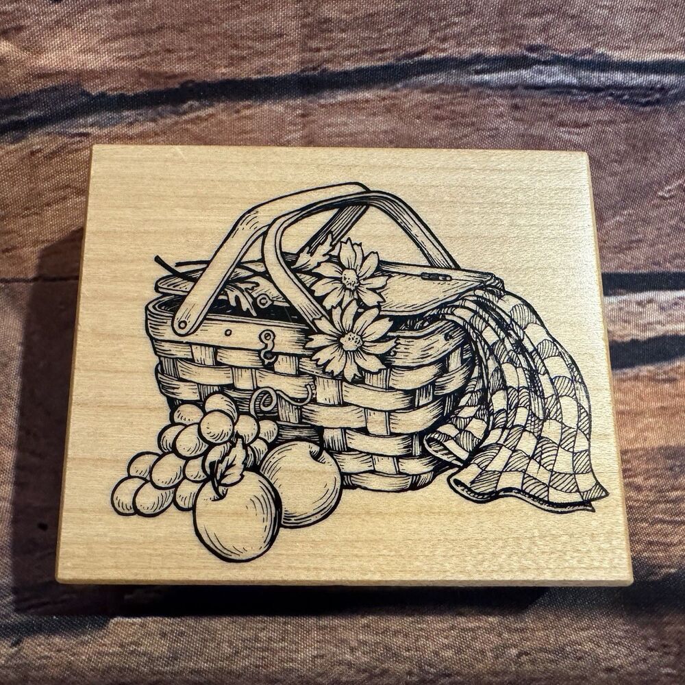 PSX Picnic Basket Rubber Stamp Vintage Wood Mounted Fruit Grapes Daisy F-2211